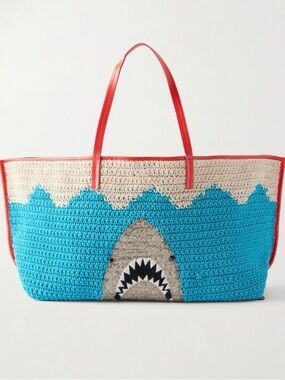 STAUD CHRISTOS LARGE LEATHER TRIMMED SEQUIN EMBELLISHED CROCHETED SHARK TOTE